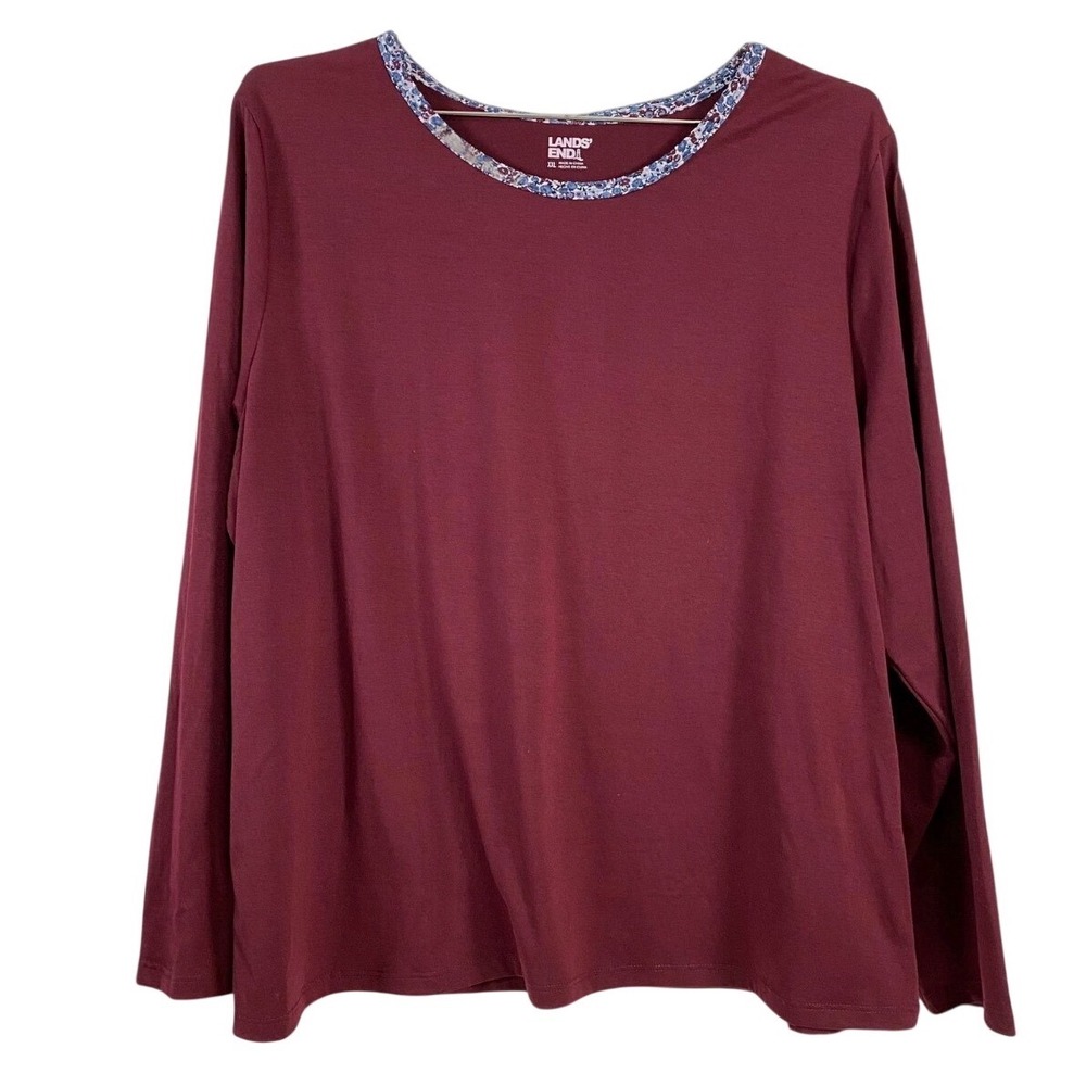 Lands'‎ End Shirt Womens XXL Burgundy Long Sleeve Floral Trim Scoop Neck Stretch